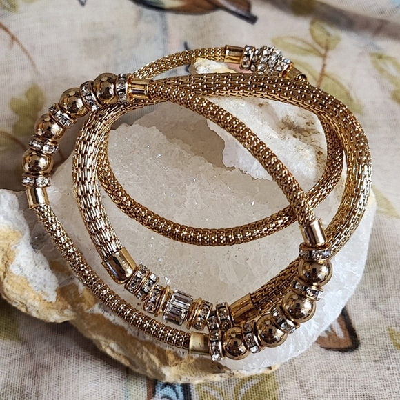 3 Gold Tone Metal Mesh Tube Clear  Rhinestone Bracelets New York & Company NWT - Picture 3 of 13